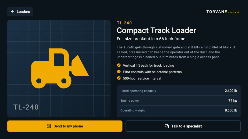 Product explorer kiosk showing a loader with specifications
